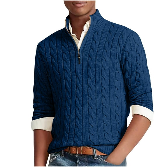 ZCFZJW Polo Sweaters for Men Regular Fit Casual Fall Winter Long Sleeve Half Zip up Pullover Sweater Tops Trendy Twist Cable Knit Jumpers Blue XXL