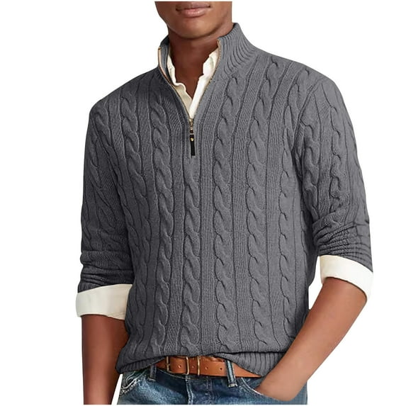 ZCFZJW Polo Sweaters for Men Regular Fit Casual Fall Winter Long Sleeve Half Zip up Pullover Sweater Tops Trendy Twist Cable Knit Jumpers Gray L