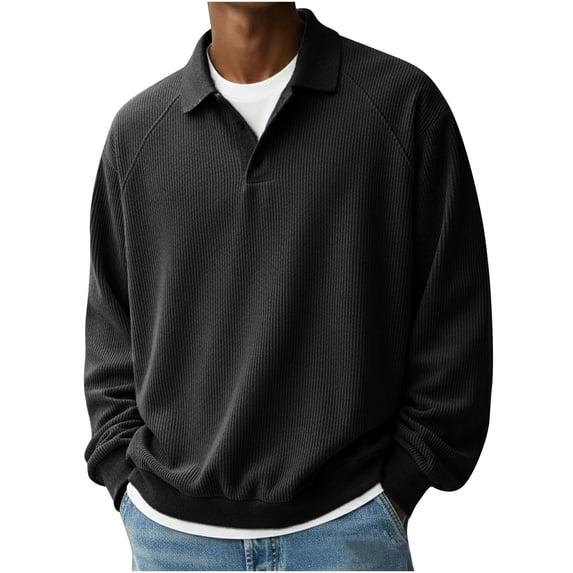 ZCFZJW Quarter Button up Sweater Shirts for Men Lightweight Casual Fall Spring Long Sleeve Basic Waffle Knit Athletic T-Shirts Big and Tall Regular Fit Pullover Tops Black XXXXL