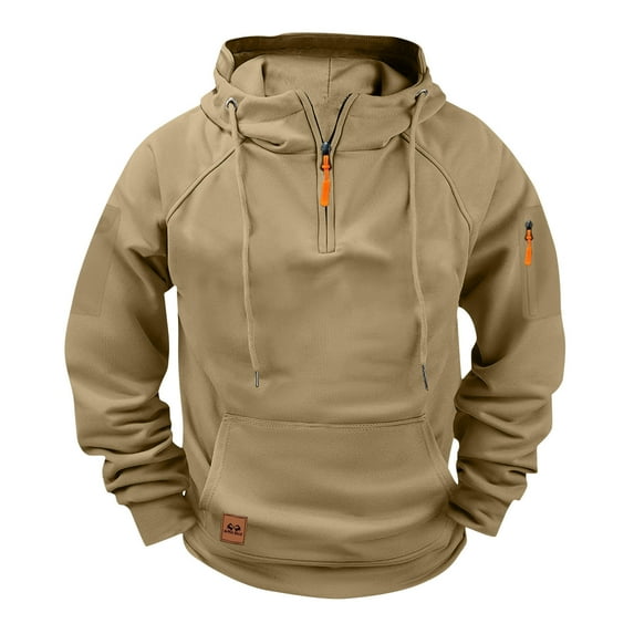 ZCFZJW Quarter Zip up Cargo Hoodies for Men Lightweight Casual Fall Winter Long Sleeve Athletic Hooded Pullover Tops Drawstring Workout Sweatshirts with Multi-Pockets Khaki L