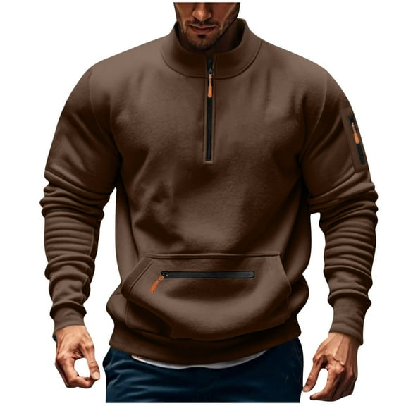 ZCFZJW Quarter Zip Cargo Sweatshirt for Men Big and Tall Regular Fit Casual Long Sleeve Stand Collar Pullover Tops with Multi-Pockets Brown XL