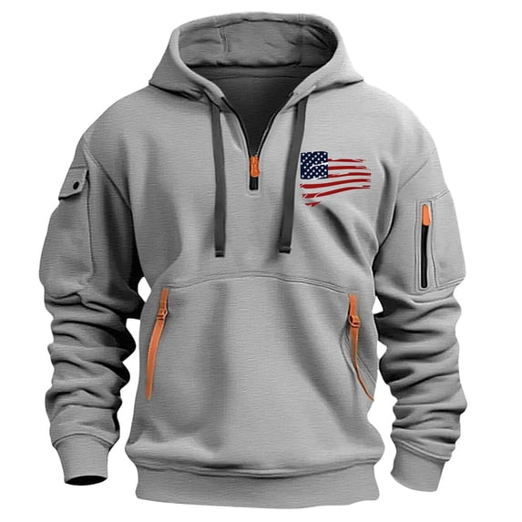 ZCFZJW Quarter Zip Pullover Men Long Sleeve Casual Drawstring Patriotic US Flag Print Hoodies Vintage Tactical Jacket Big and Tall Regular Fit Cotton Outwear Coat with Multi-Pockets XXL