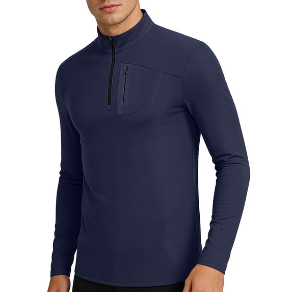 ZCFZJW Quarter Zip Pullover Men Running Shirt Mock Neck Long Sleeve Moisture Wicking Quick Dry Athletic Workout Shirts with Zipper Pockets Dark Blue XXL