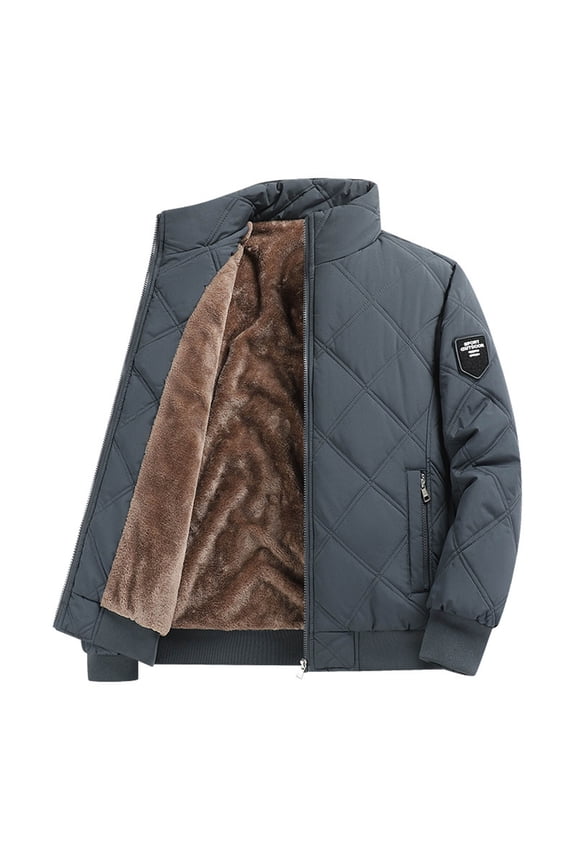 Quilted Jacket for Mens Heavyweight Thicken Fleece Sherpa Lined Winter Coats Warm Full Zip Stand Collar Bomber Jacket with Pockets Gray XL