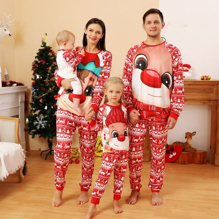 ZCFZJW Reduce Christmas Matching Onesies Family Red Striped Cute Xmas Elk Print Long Sleeve Pullover Tops and Pants Outsits Two Piece Soft Holiday Sleepwear Outfits Set Baby 12M Walmart