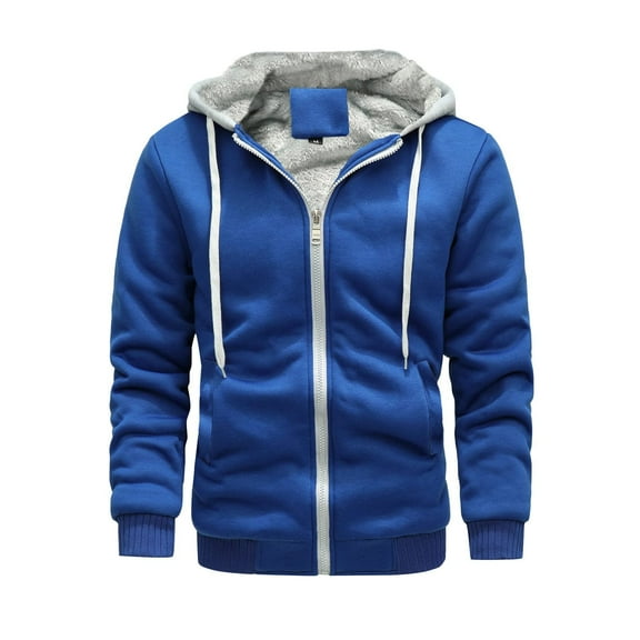 ZCFZJW Sherpa Fleece Lined Hoodie Jackets for Men Casual Winter Long Sleeve Full Zip Up Thickened Drawstring Hooded Warm Coat Outwear Blue M