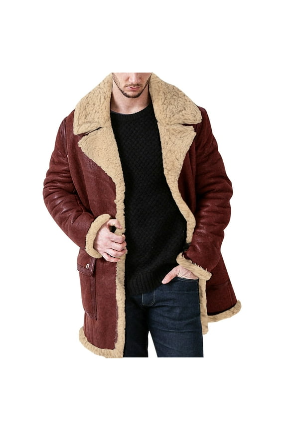 Sherpa Fleece Lined Jacket for Men Vintage Leather Distressed Trucker Jacket Regular Fit Thermal Winter Stand Collar Punk Motorcycle Coats Red XL