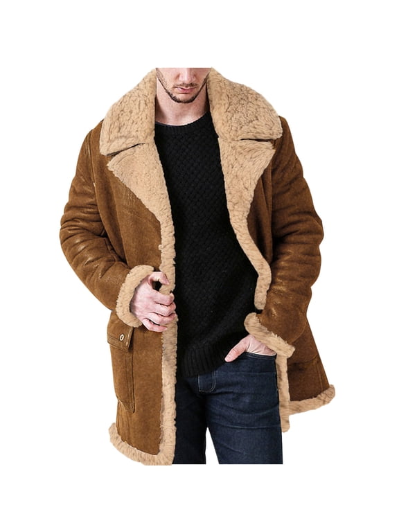 Sherpa Fleece Lined Jacket for Men Vintage Leather Distressed Trucker Jacket Regular Fit Thermal Winter Stand Collar Punk Motorcycle Coats Yellow S