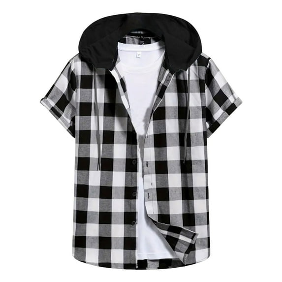 ZCFZJW Short Sleeve Button Down Plaid Hoodie T-Shirts for Men Lightweight Casual Drawstring Hooded Pullover Tops Splicing Shirts White L