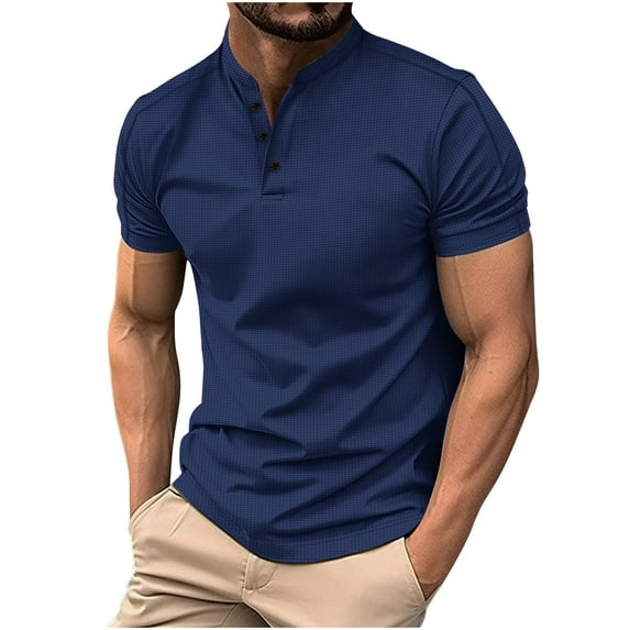 ZCFZJW Short Sleeve Polo Shirts for Men Big and Tall Regular Fit Stretch Casual Solid Color 1/4 Button up V Neck Golf Henley Shirts Tops for Men Navy XXL