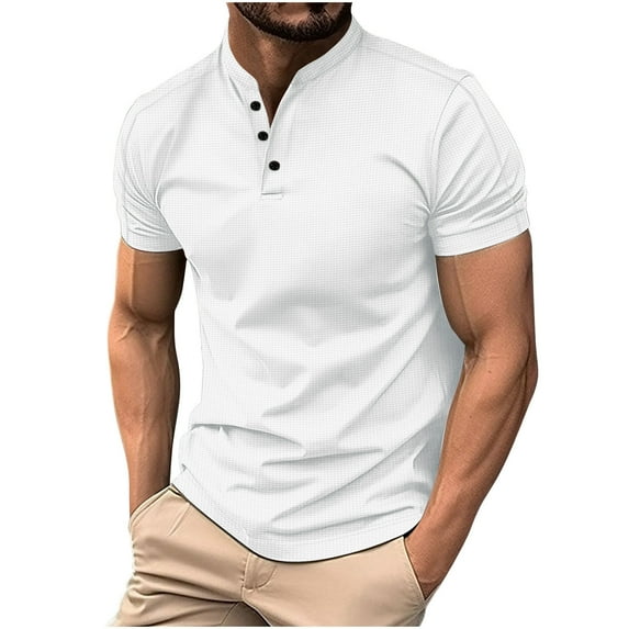 ZCFZJW Short Sleeve Polo Shirts for Men Big and Tall Regular Fit Stretch Casual Solid Color 1/4 Button up V Neck Golf Henley Shirts Tops for Men White S