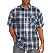 ZCFZJW Short Sleeve Shirts for Men Big and Tall Regular Fit Casual Plaid Button Down Shirt Mens Classic Fit Cotton Button Up Shirt with Pockets Navy#01 XXXL