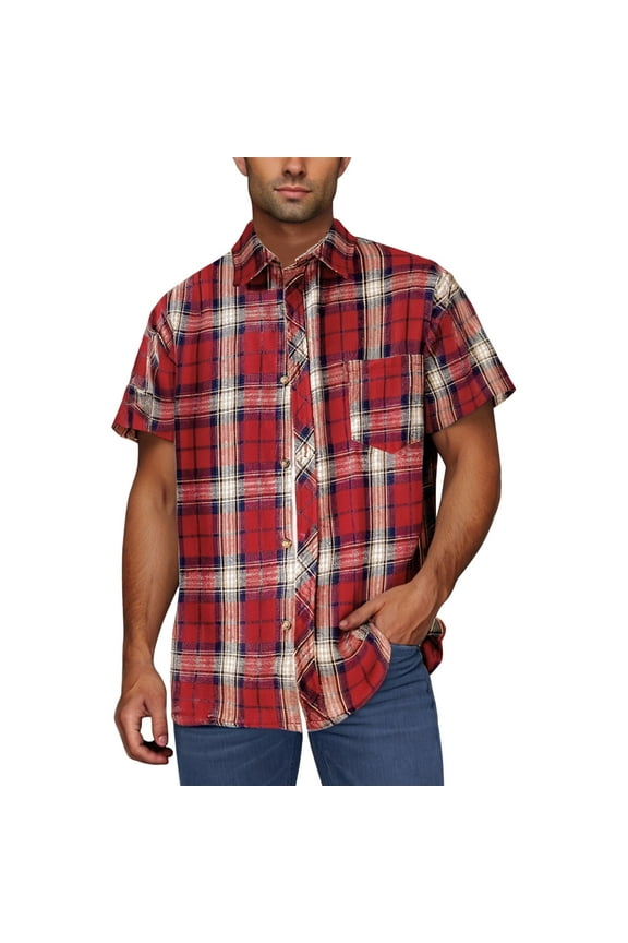 Short Sleeve Shirts for Men Big and Tall Regular Fit Casual Plaid Button Down Shirt Mens Classic Fit Cotton Button Up Shirt with Pockets Red XXXL
