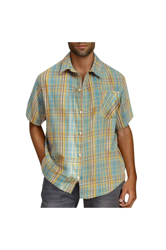 Short Sleeve Shirts for Men Big and Tall Regular Fit Casual Plaid Button Down Shirt Mens Classic Fit Cotton Button Up Shirt with Pockets Yellow#01 XXXL