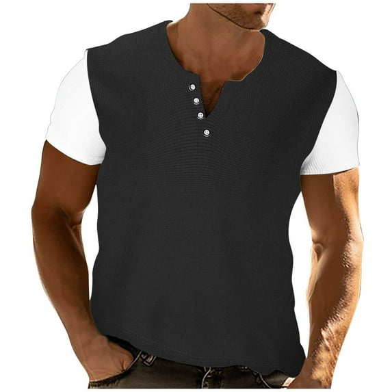 ZCFZJW Splicing Tops for Men Big and Tall Regular Fit Casual Summer Short Sleeve Color Block Print Button V Neck Pullover T-Shirts Lightweight Holiday Vacation Tees Shirt Black XXL