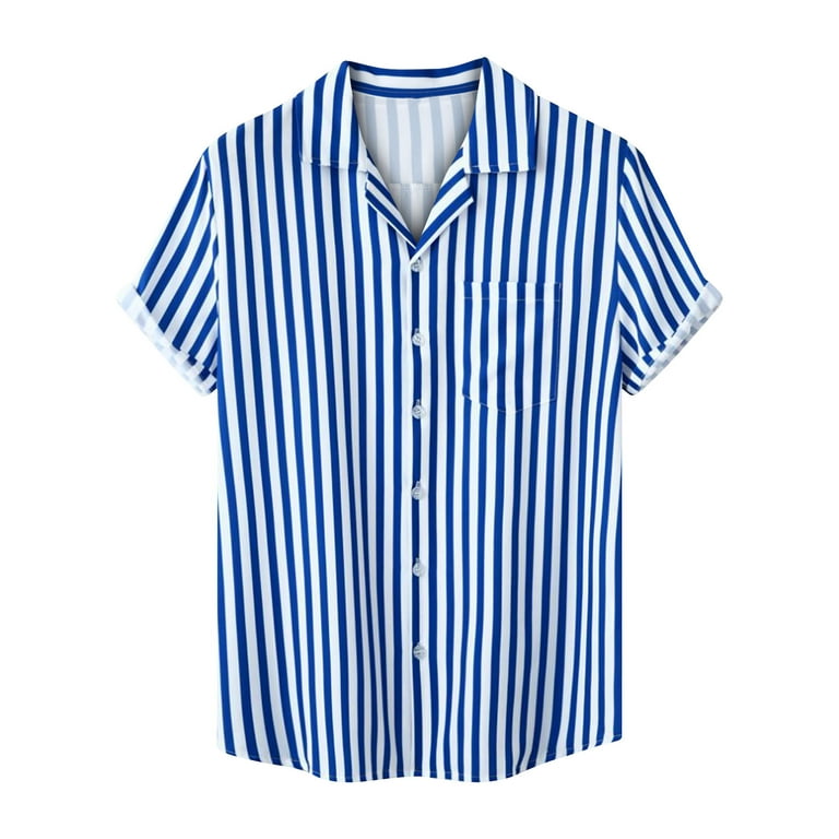 ZCFZJW Striped Button Down Shirts for Men Casual Button Down Beach Holiday  T-Shirts Trendy Summer Short Sleeve Big and Tall Regular Fit Tops Blue XXXL