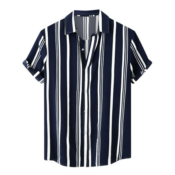 ZCFZJW Striped Button Down Shirts for Men Regular Fit Casual Summer Short Sleeve Hawaiian Shirts Trendy Beach Party Collared T-Shirt Top Navy L