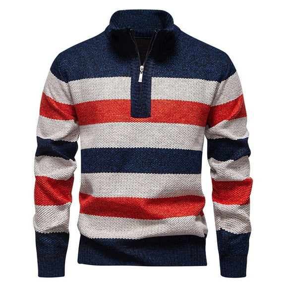 ZCFZJW Striped Color Block Sweaters for Men Trendy 2025 Fall Winter Thick Warm Half Zip Mock Neck Long Sleeve Knit Warm Sweater Pullover Tops Navy M