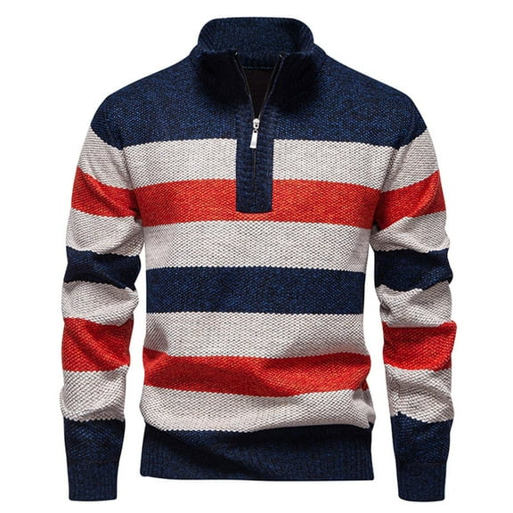 ZCFZJW Striped Color Block Sweaters for Men Trendy 2025 Fall Winter Thick Warm Half Zip Mock Neck Long Sleeve Knit Warm Sweater Pullover Tops Navy M