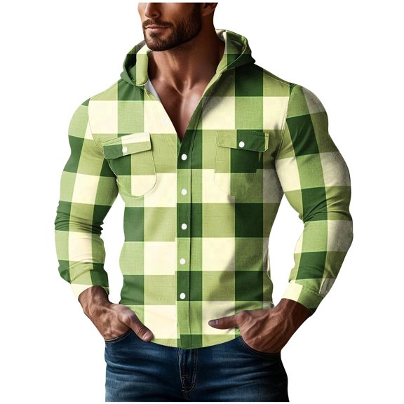 ZCFZJW Stylish Plaid Hoodie Shirts for Men Lightweight Big and Tall Regular Fit Casual Fall Spring Long Sleeve Button Down Hooded Outwear T-Shirts Tops with Double Chest Pockets Green M