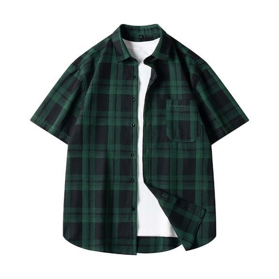 ZCFZJW Summer Button Down Plaid Shirts for Men Loose Regular Fit Casual Short Sleeve Work Business Checked Shirt with Pocket Green L