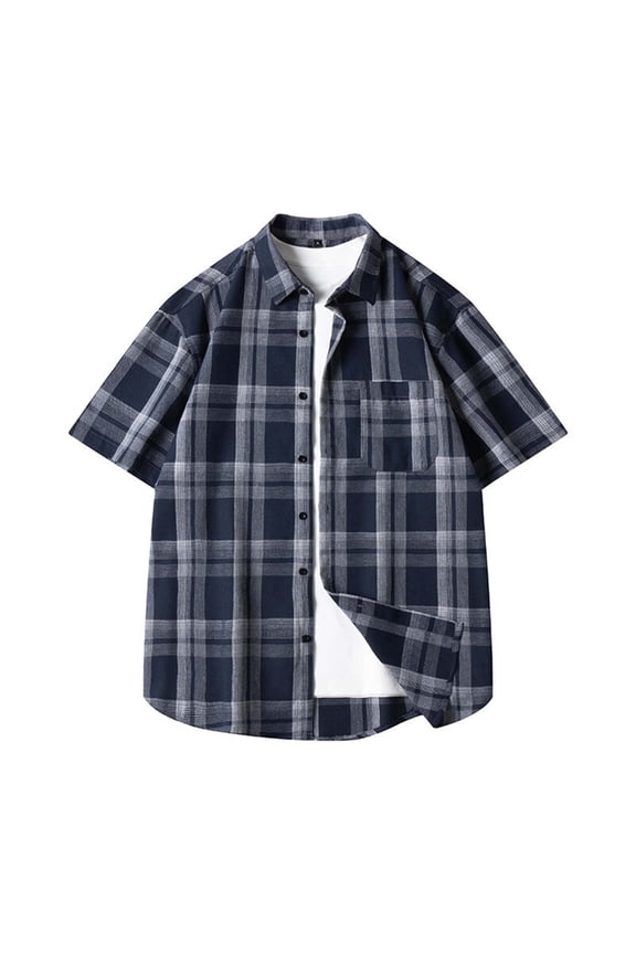 Summer Button Down Plaid Shirts for Men Loose Regular Fit Casual Short Sleeve Work Business Checked Shirt with Pocket Navy XL