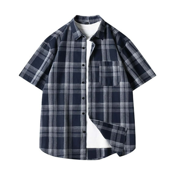 ZCFZJW Summer Button Down Plaid Shirts for Men Loose Regular Fit Casual Short Sleeve Work Business Checked Shirt with Pocket Navy XXXL