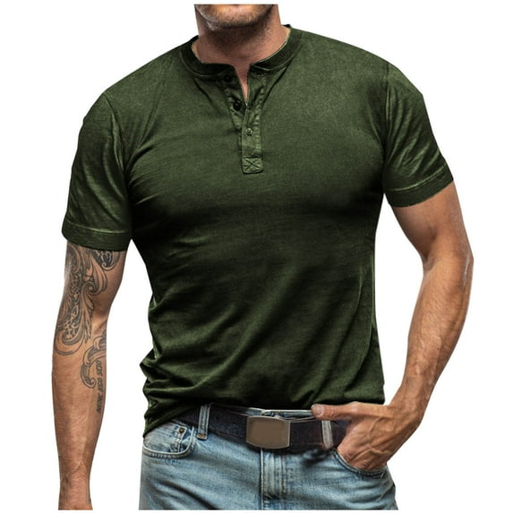ZCFZJW Summer Men's Henley Shirts Casual Solid Color Short Sleeve Basic Button Muscle Workout T-Shirt Gym Workout Athletic Tees Tops Army Green XL