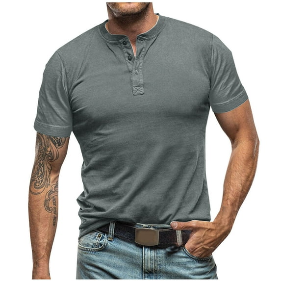 ZCFZJW Summer Men's Henley Shirts Casual Solid Color Short Sleeve Basic Button Muscle Workout T-Shirt Gym Workout Athletic Tees Tops Gray XL