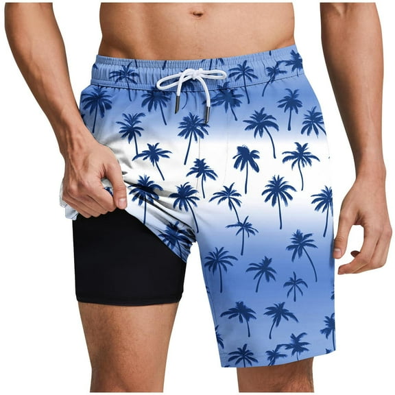 ZCFZJW Summer Mens Swimming Trunks 2 in 1 Quick Dry Bathing Suit Tropical Palm Tree Printed Drawstring Elastic Waist Beach Board Shorts with Pockets Blue XL