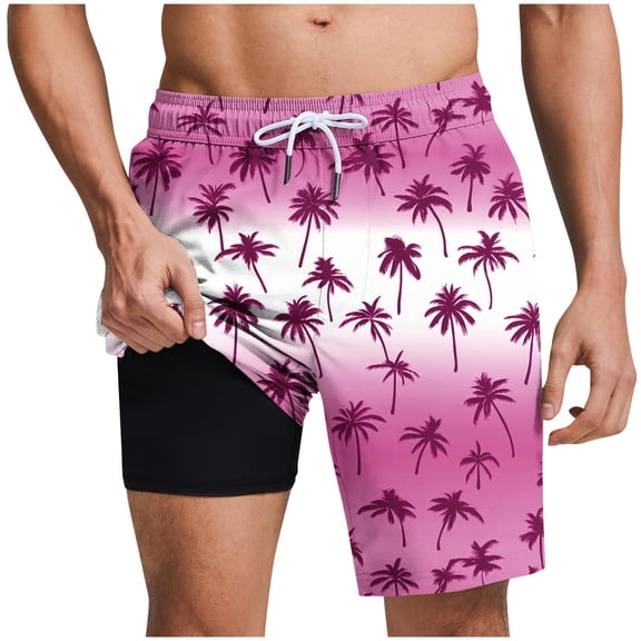 ZCFZJW Summer Mens Swimming Trunks 2 in 1 Quick Dry Bathing Suit Tropical Palm Tree Printed Drawstring Elastic Waist Beach Board Shorts with Pockets Purple S