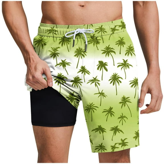 ZCFZJW Summer Mens Swimming Trunks 2 in 1 Quick Dry Bathing Suit Tropical Palm Tree Printed Drawstring Elastic Waist Beach Board Shorts with Pockets Yellow M