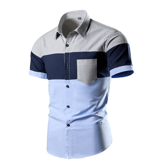 ZCFZJW Summer Mens Work Business Shirts Trendy Color Block Print Short Sleeve Button Down Graphic Beach Hawaiian Vacation Tees Shrit Tops with Pocket Blue L