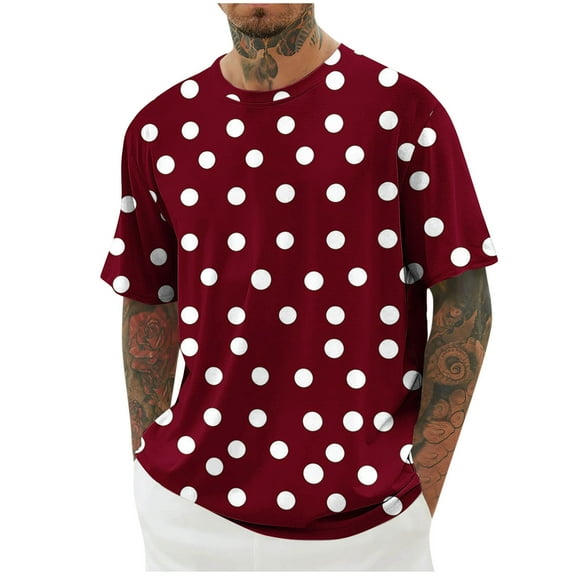 ZCFZJW Summer Short Sleeve T-Shirts for Men Big and Tall Regular Fit Casual Polka Dot Print Crewneck Basic Workout Tees Tops Wine XXXL