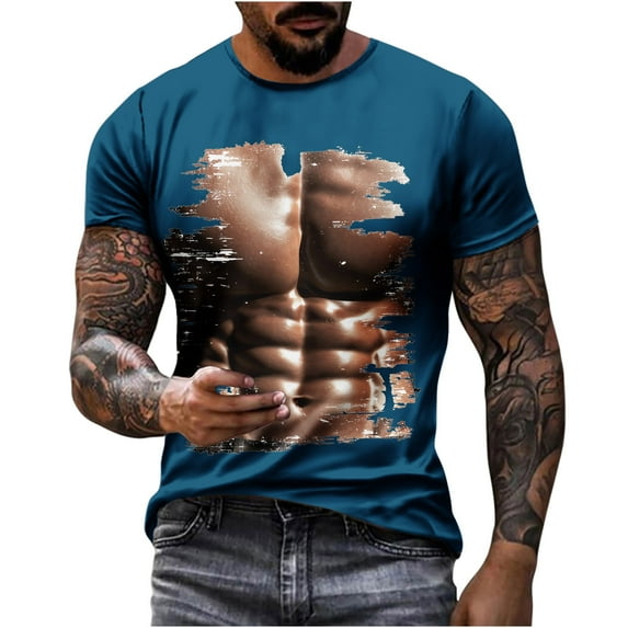 ZCFZJW Summer T-Shirts for Men Big and Tall 3D Fake Muscle Pattern Graphic Short Sleeve Crew Neck Workout T Shirt Loose Fit Soft Cotton Pullover Tops Dark Blue M