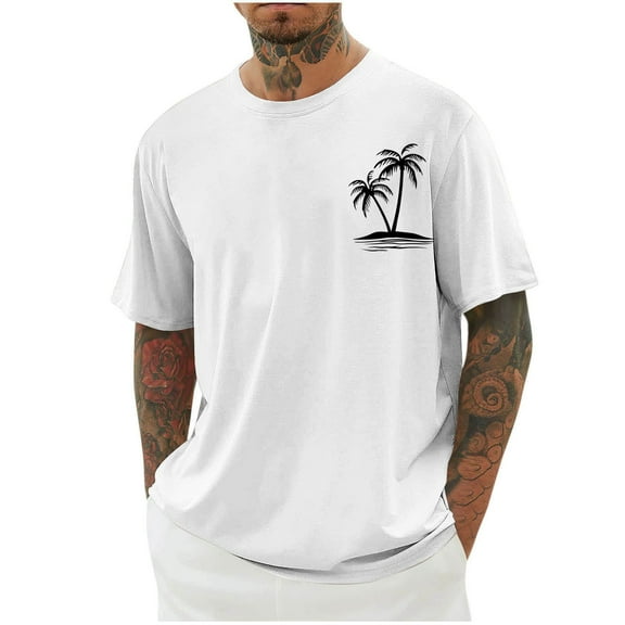 ZCFZJW Summer T-Shirts for Men Big and Tall Regular Fit Casual Tropical Palm Tree Print Short Sleeve Crewneck Basic Workout Tees Shirt Tops White M
