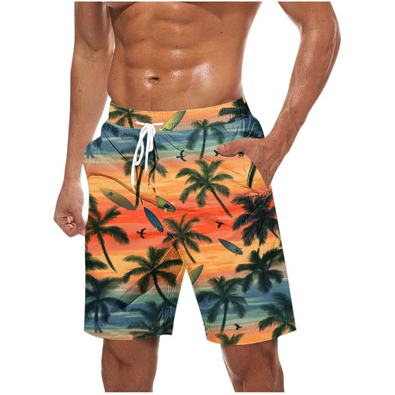 ZCFZJW Summer Tropical Print Beach Swim Trunks for Men Lightweight Quick Dry Drawstring Elastic Waist Bathing Suit Trendy Holiday Vacation Board Shorts with Pockets Orange XXL