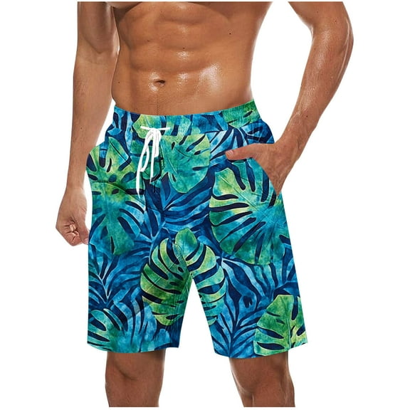 ZCFZJW Summer Tropical Print Beach Swim Trunks for Men Lightweight Quick Dry Drawstring Elastic Waist Bathing Suit Trendy Holiday Vacation Board Shorts with Pockets Blue XL