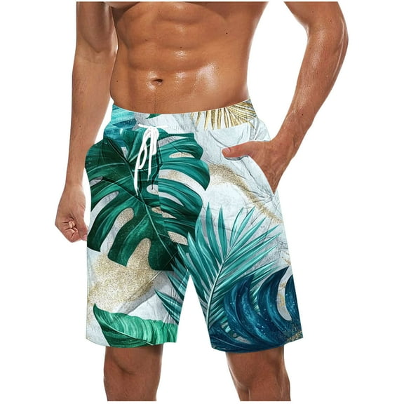 ZCFZJW Summer Tropical Print Beach Swim Trunks for Men Lightweight Quick Dry Drawstring Elastic Waist Bathing Suit Trendy Holiday Vacation Board Shorts with Pockets Green#01 XXL
