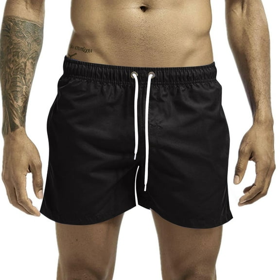 ZCFZJW Swim Trunks Mens 3 Inch Mesh Liner Drawstring Elastic Waist Men's Swimwear Bathing Suit Short Swimming Trunks for Men Beach Shorts with Zipper Pockets Black L