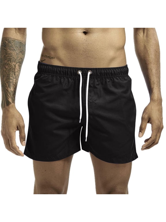 Swim Trunks Mens 3 Inch Mesh Liner Drawstring Elastic Waist Men's Swimwear Bathing Suit Short Swimming Trunks for Men Beach Shorts with Zipper Pockets Black M