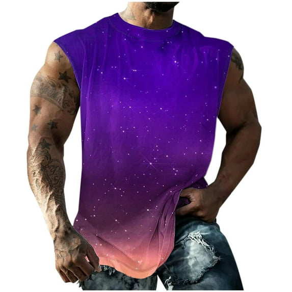ZCFZJW Tie Dye Sky Print Summer T-Shirts for Men Big and Tall Regular Fit Casual Sleeveless Round Neck Graphic Tank Tops Loose Soft Cotton Basic Workout Tees Shirt Purple XXXXXL