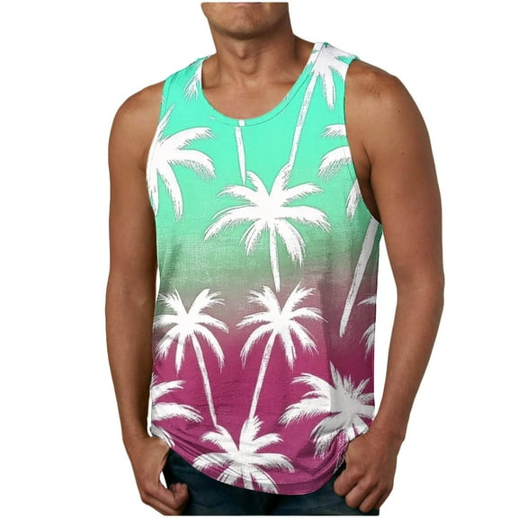 ZCFZJW Tie Dye Tropical Palm Tree Print Tank Tops for Men Loose Regular Fit Casual Summer Sleeveless Vest Quick Dry Workout Tees Shirt Hawaiian Beach Top Red M