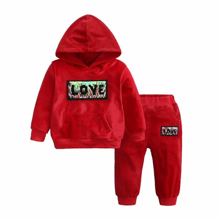 ZCFZJW Toddler Baby Boys Girls Velvet Hooded Tracksuit Cute Long Sleeve  Hooded Sweatshirt Tops + Sweatpants 2Pcs Outfits Set Red 18-24 Months
