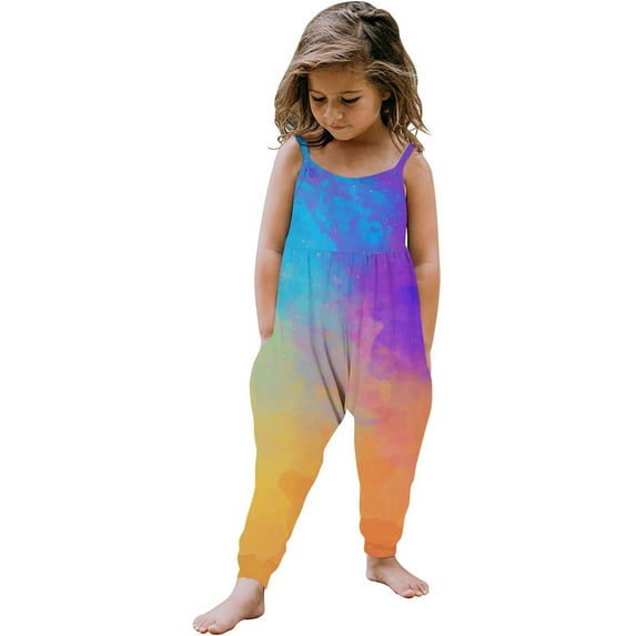 ZCFZJW Toddler Baby Girl Jumpsuit One Piece Tie Dye Gradient Printed Sleeveless Strap Romper Harem Pant with Pockets Summer Outfit Clothes Purple 2-3 Years