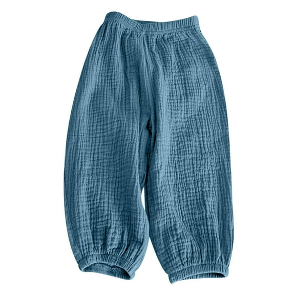 ZCFZJW Toddler Baby Girls Cotton Linen Baggy Pants Trendy Kids Summer Solid Color Sweet Elasticity Flared Pants Trousers Leggings #01-Blue 6-7Years