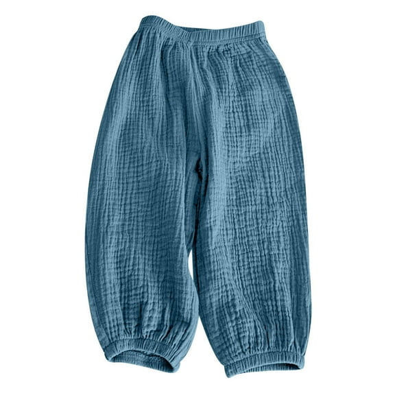 ZCFZJW Toddler Baby Girls Cotton Linen Baggy Pants Trendy Kids Summer Solid Color Sweet Elasticity Flared Pants Trousers Leggings #01-Blue 6-7Years