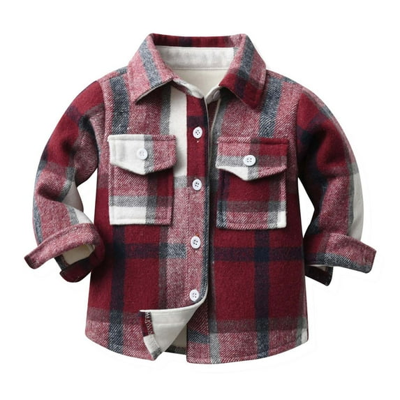 ZCFZJW Toddler Flannel Plaid Shirt Jacket Winter Plush Thick Warm Kids Baby Boys Girls Long Sleeve Lapel Button Down Shacket Coat Casual Cotton Shirts with Pockets(Red,18-24 Months)