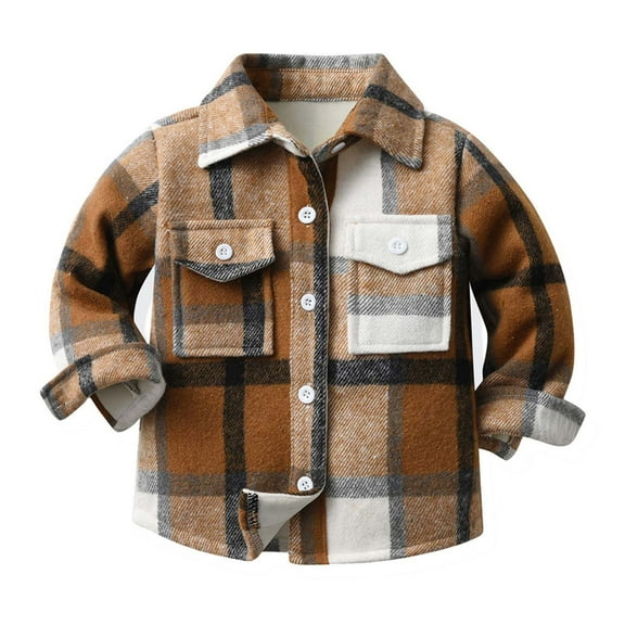 ZCFZJW Toddler Flannel Plaid Shirt Jacket Winter Plush Thick Warm Kids Baby Boys Girls Long Sleeve Lapel Button Down Shacket Coat Casual Cotton Shirts with Pockets(Coffee,18-24 Months)
