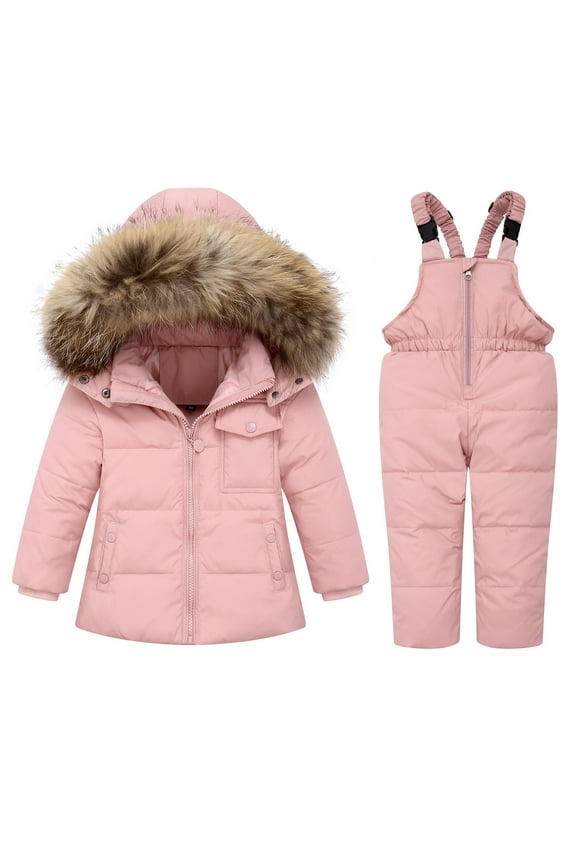 Toddler Girl Snowsuit Two Piece Kids Solid Color Thickening Down Jacket Winter Hooded Warm Fuzzy Coat +Long Snow Bib Pants Kids Windproof Skiing Suit Pink 2 Years